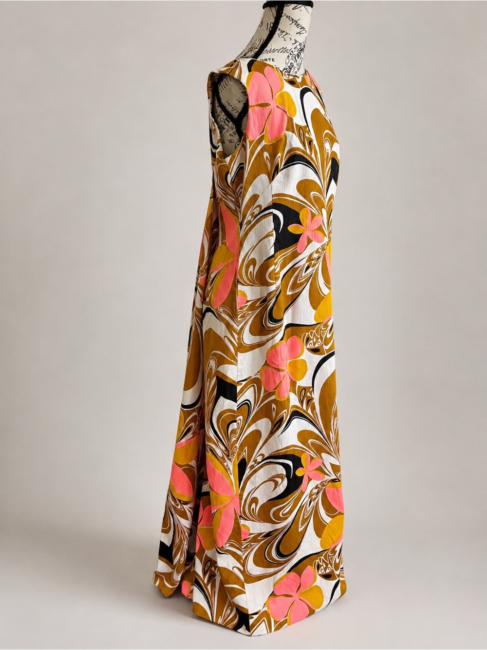 Vintage 70s Psychedelic Floral Maxi Dress Coral Mustard Brown Mod Groovy *Flaws